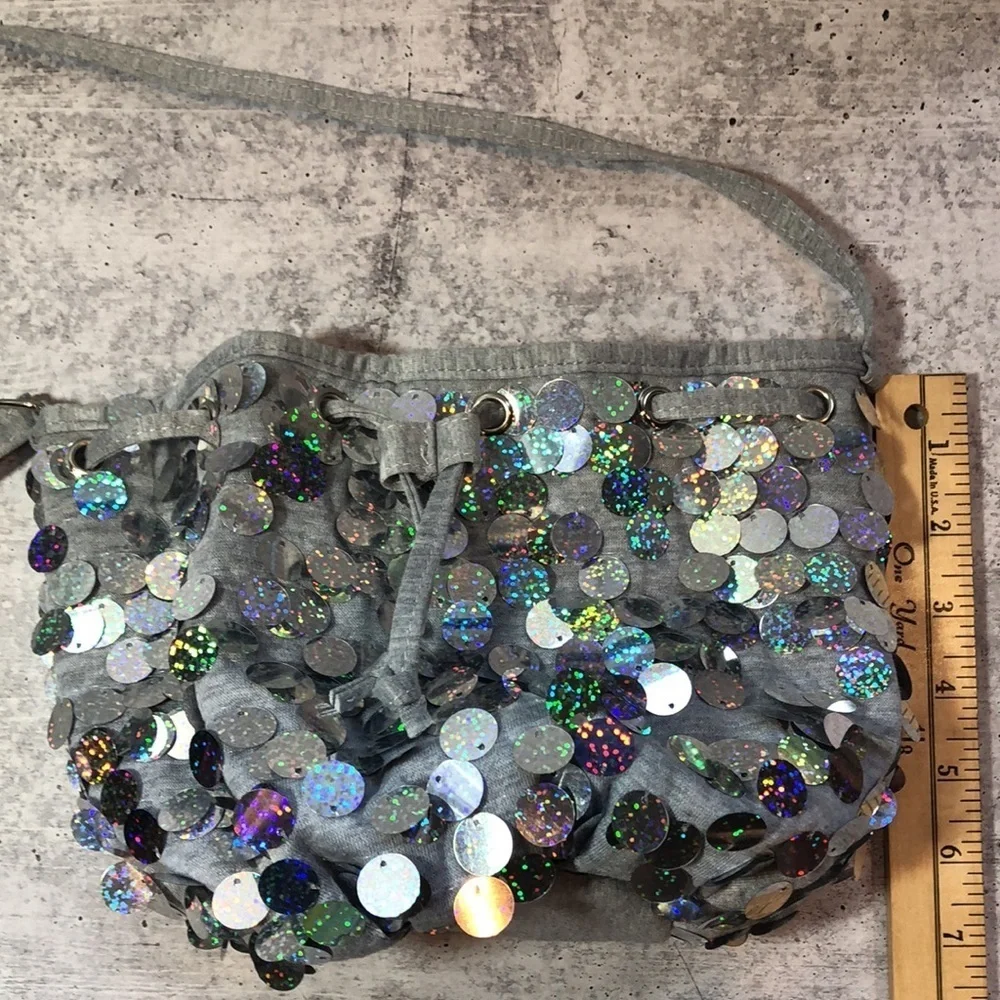 Justice Girls Heather Gray w Silver Sequin Hobo Bag Purse Lined Adjustable Strap